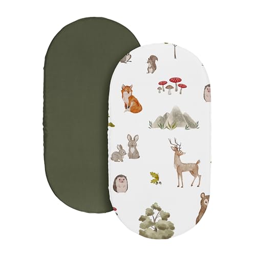 Image of Sweet Jojo Designs 2-Piece Baby Bassinet Sheets Set (Woodland Animals) for Girls /Boys, Infant Newborn Nursery, Oval, Rectangle & Hourglass Mattress (Gender Neutral, Forest Animal Friends, Watercolor)