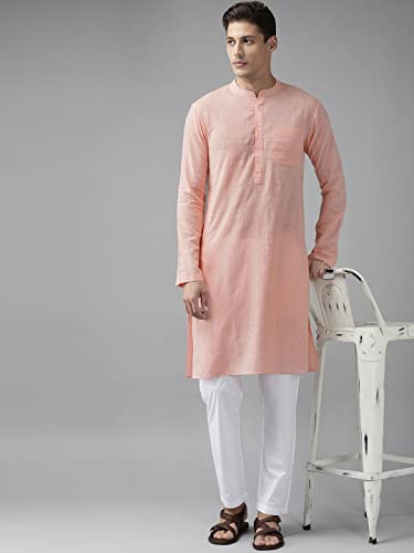 Image of See Designs Pink & White Cotton Regular Fit Kurta Set Madern Collar Stright Hem Side Full Sleeve Straght Kurta With Pyjama