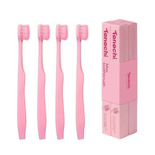 Image of Extra Soft Bristle Toothbrushes for Adults, 4-Pack, Pink | Gentle on sensitive gums, ultra-soft tapered bristles, reaches back molars, non-slip grip, individually wrapped, BPA-Free