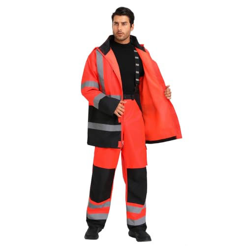Image of 3-Piece Hi-Vis Rain Suit, Safety Jacket with Hood & Bib Overalls