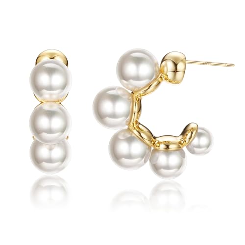 Dochais Pearl Hoop Earrings for Women, 14K Gold Plated Pearl Drop Earrings 925 Sterling Silver Gold Pearl Hoops Earrings Trendy Lightweight Hypoallergenic Pearl Earrings Jewelry