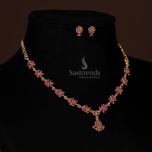Image of Sasitrends Micro Gold Plated American Diamond Ruby stone Studded Necklace Jewellery Set