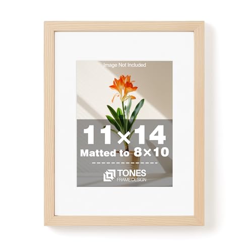 Image of TONES FRAME DESIGN 11x14 Picture Frame Natural Wooden Frame with 8x10 Mat, 11x14 Frames Solid Wood Veneer 11 x 14 Picture Frames with Shatterproof Plexiglass for Poster Gallery Wall Home Decor