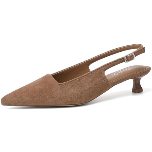 Mostrin Brown Slingback Kitten Heels for Women Suede Pointed Closed Toe Heels Low Pumps Shoes for Party Work Office Size 8