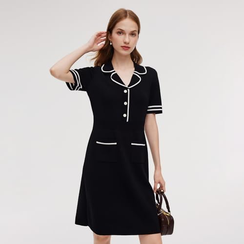 Women's Knit Mini Dress Lyocell Black White Contrast Trim Short Sleeve Dresses for Teachers Work 50s Sweater Dress2