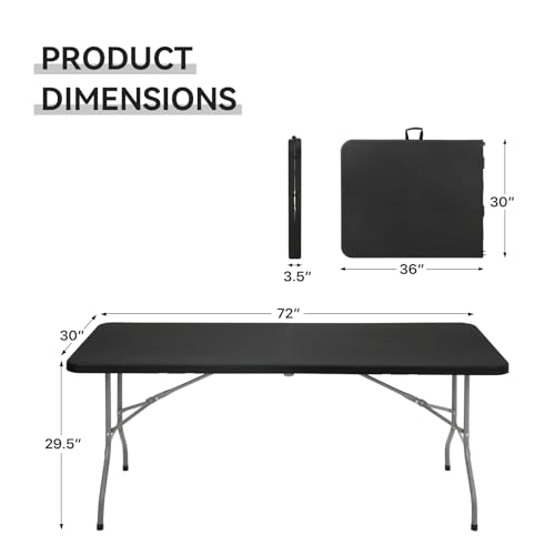 SFIHOME 72\' Folding Table, Collapsible Camping Table, Rectangular Picnic Table with Steel Frame, Stable Legs Design, Easy Carry and Storage, Plastic Outdoor Folding Tables for Indoor Outdoor, Black
