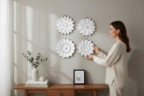 Image of THE URBAN STORE Wall Art, Wall Panel Wooden Distressed White Color 20 CM x 20 CM Pack Of Four French Country Style Elegantly Floral Hand Crafted Wall Decor For Home And Office TUSWD74