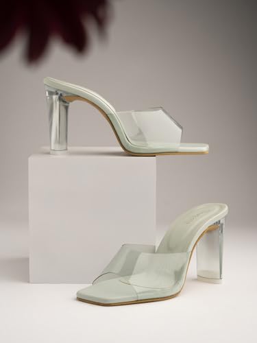 Image of Shoetopia Women's Transparent Block Heels | Stylish Square Toe Slip-On Party Comfortable Sandals