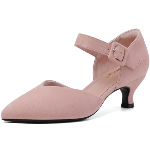 Image of RIBONGZ Comfortable Kitten Heels for Women Pointed Closed Toe Ankle Strap Buckle Heels Slip on Low Heel Church Pumps Wedding Bridal Party Dressy Shoes