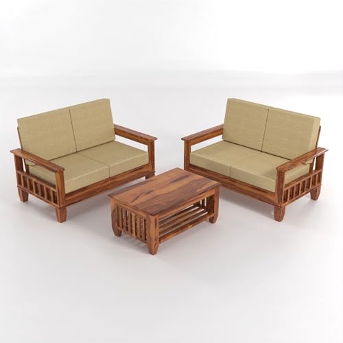 Image of Sheesham Wooden 4 Seater Sofa Set for Living Room | Rosewood Cushion Sofa with Side Newspaper Holder for Home & Office | Solid Wood Sofa Set for Lounge (Honey, 2+2 Seater)