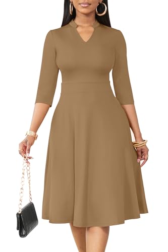 Image of Nmoder Casual Dresses for Women Semi Formal Fit and Flare 3 /4 Sleeve A-line Church Work Dress with Pockets