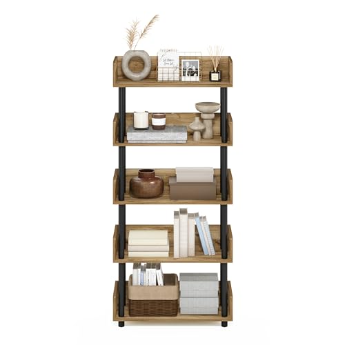 Image of Furinno TURN-N-TUBE 5-Tier Display Shelf, Storage Shelves, Book Shelf, Open Shelves with Rounded Corner Top Edges, for Organization and Storage, Living Room, Home Office, Flagstaff Oak