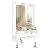 Tirzah 16x12 Inch Wall Mount Beaded Wood Framed Mirror with Shelf and 6 Hooks, White Decorative Entryway Mirror with Storage for Laundry Room, Bathroom, Bedroom