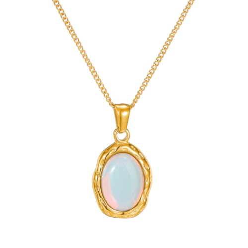 CELRAEVR 18K Gold Plated Natural Stone Pendant Necklace for Women Opal