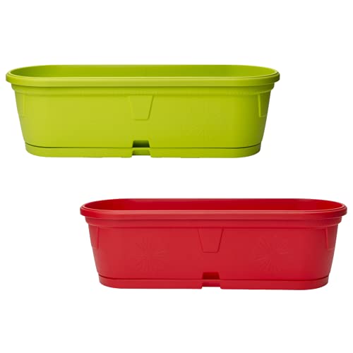 Gariella 2X Pflanzkübel mit Untersetzer für Innen- und Außenbereich wetterfest Dekoration Balkon Büro Pflanzgefäß Blumentopf länglich oval bunt