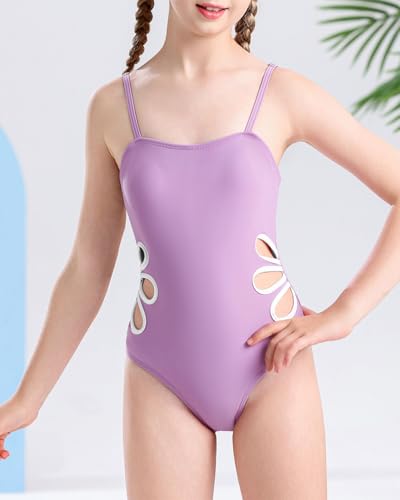 Century Star Girls Swimsuit Bathing Suit Teen One Piece Swimsuits Adjustable Straps Cut Out Quick Dry Swimwear Purple 12-13 Years2