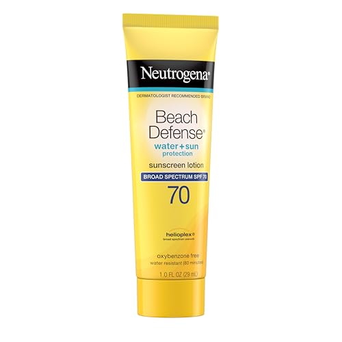 Image of Neutrogena Sunscreen Lotion Beach Defense SPF 70, Face and Body Sunscreen, Hawaii Reef Act 104 Compliant, Octinoxate & Oxybenzone Free, Fast Absorbing Sun Care, Travel Size, 1 oz, 48 Pack