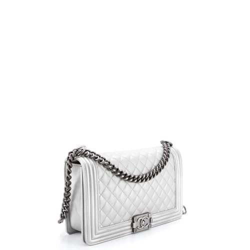 Pre-Loved Boy Flap Bag Quilted Metallic Calfskin New Medium, Silver2