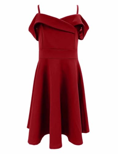 Girls Elegant Princess Cold Shoulder Fold Pleated High Waist Flared A Line Party Dresses,8-14 Years4