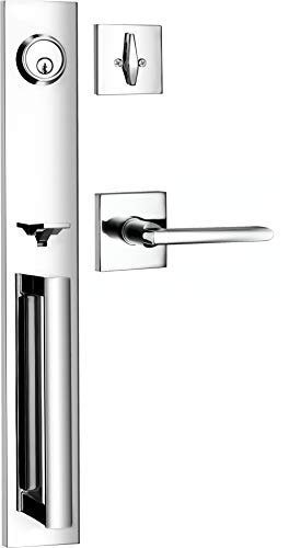 Berlin Modisch Full Escutcheon HandleSet Front Door Entry Handle and Deadbolt Lock Set Slim Square Single Cylinder Deadbolt and Lever Heavy Duty – Polished Chrome Finish