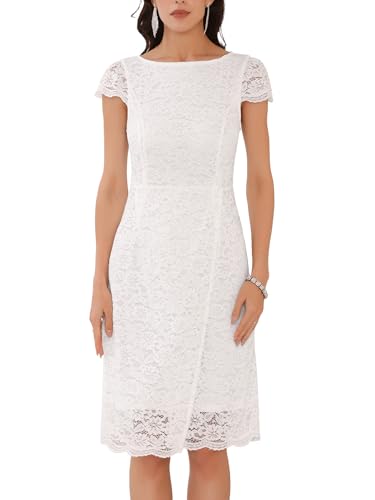 Image of Women's Floral Lace Dress Cap Sleeve Boat Neck Cocktail Midi Wedding Guest Dresses