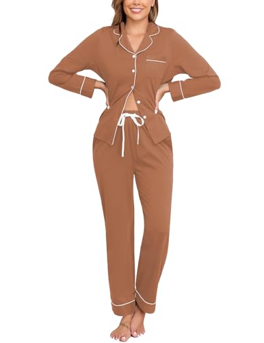 Image of Veseacky 100% Cotton Women's Pajama Set Long Sleeve Button Down Sleepwear Soft Pjs Lounge Sets Nightwear Pjs XS-XXL