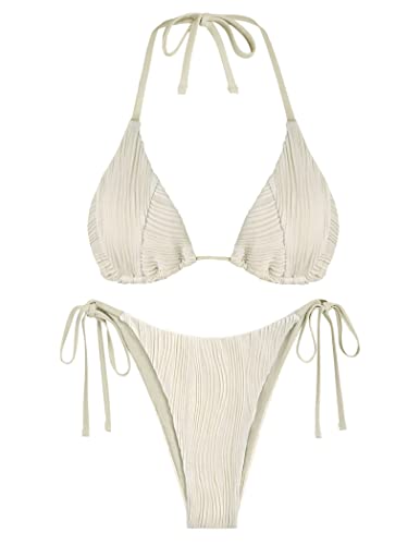 ZAFUL Bikini Sets for Women Halter Two Piece Swimsuit Ribbed High Cut Tie Side Thong Bathing Suit Sexy Padded Swimwear