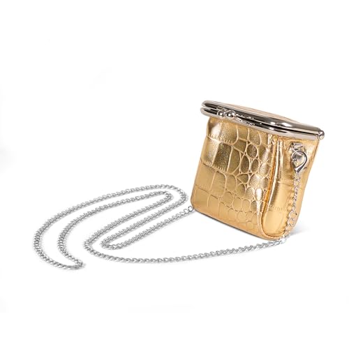 chushui Gold Crocodile Embossed Mini Purse,Chain Gothic Tiny Bag, Micro Coin Wallet for Women,Kiss Lock Leather Crossbody Bag