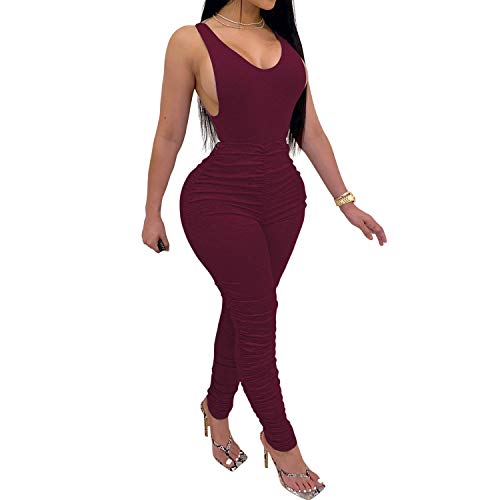 Sedrinuo Womens 2 Piece Outfits Sexy Sleeveless Bodysuit and Ruched Long Pants Tracksuit Set (Medium, Wine Red)