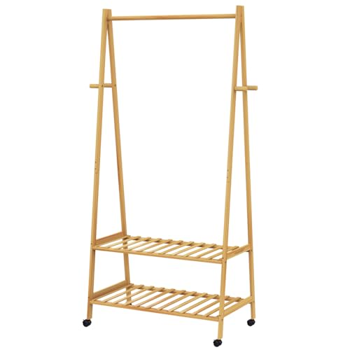 CASARIA® Perchero de Pie Ruedas 2 Estantes Burro Ropa Robusto 4 Ganchos Madera Bambú 155x70cm Dormitorio Pasillo Organizador Colgador Moderno Natural - imagen 7