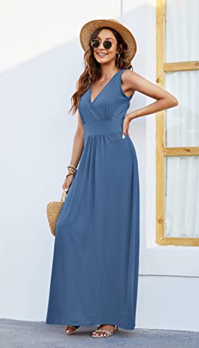 Image of AUSELILY Maxi Dresses for Women Summer Casual Sleeveless V Neck Wrap Dress | Sleeveless Long maxi dress with wrap V neck & side pockets, for formal cocktail, beach & casual daily wear