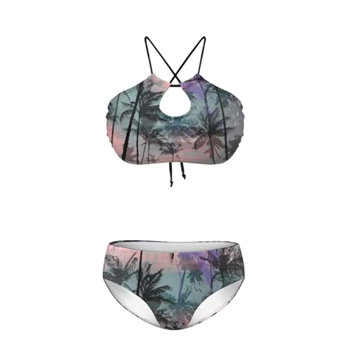 Poetesant Coconut Tree Tie Side Swimsuits for Women High Neck Bikini Set Sunset Padded Swimwear Beach Push Up Bikini Bathing Suits-4XL