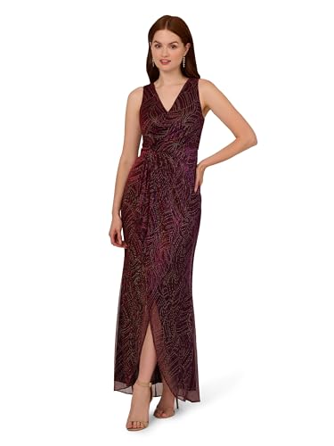Adrianna Papell Burgundy Gold Metallic Mesh Faux Wrap Gown With Ruffle Accents