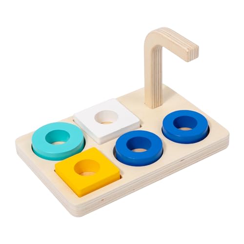 Image of Adena Montessori Wooden Stacking and Sorting Ring,Wooden Rings on Peg,Colorful 5 Shapes on Curved Peg Horizontal Dowel Variation,Fine Motor Skills Development Toys for 1 2 3 Years Old Toddlers