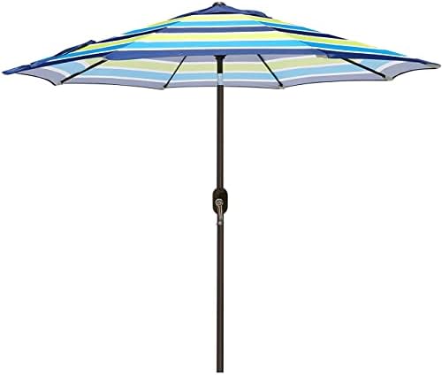 Blissun 9' Outdoor Aluminum Patio Umbrella, Striped Patio Umbrella, Market Striped Umbrella with Push Button Tilt and Crank (Blue and Green)