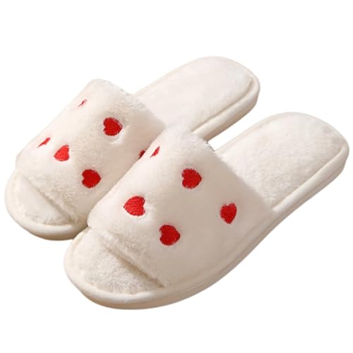 Cute Hearts Home Slippers for Women Men Indoor Cozy Open Toe Bedroom Slipper with Red Heart Fuzzy Plush Couple House Shoes Non Slip Lightweight Travel Portable