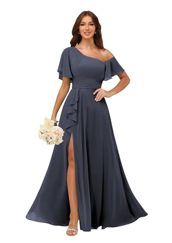 Image of One Shoulder Bridesmaid Dresses for Women with Pockets Short Sleeve Ruffled Chiffon Formal Evening Gowns