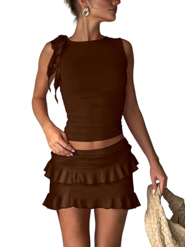 Image of 2 Piece Sets for Women Y2k Going Out Ruffle Trim Ruched Tank Top And High Waist Skirt Set Club Mini Dress