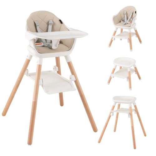 Image of HONEY JOY Baby High Chair, 6 in 1 Convertible Wooden Highchair for Babies and Toddlers/Chair/Bar Stool, Removable Double Tray & Reversible Footrest, Safety Harness for Infant Boys Girls (Beige)