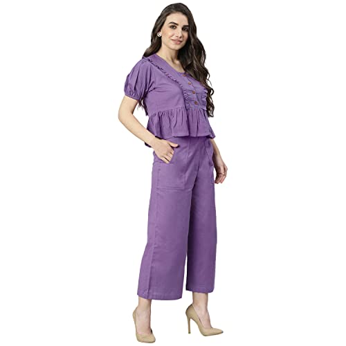 Image of DEEBACO Women's Solid Calf Length Top with Trouser|V-Neck|Short Sleeve|Cord Set for Women Cotton|Jumpsuits Western Dress for Women Stylish|Two Piece Co ord Set|Party Casual Wear(Aqua Blue)