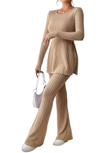 shownicer Damen Zweiteiler Hosenanzug 2 Teiler Set Strickanzug Langarm Gerippt Top Und Hose Loungewear Set Zweiteiler Outfit Freizeitanzug Casual Jogginganzug A Khaki XXL shownicer Damen Zweiteiler Hosenanzug 2 Teiler Set Strickanzug Langarm Gerippt Top Und Hose Loungewear Set Zweiteiler Outfit Freizeitanzug Casual Jogginganzug A Khaki XXL