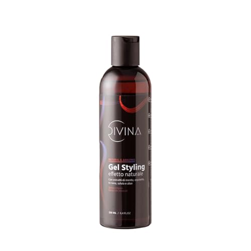 Estilo de gel extra definição para cabelos encaracolados Natural & Amazing de DIVINA BLK com extratos naturais de menta, de cavalo, chá preto, sálvia e aloé. (250 ml)