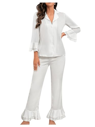 Verdusa Women's Satin Notch Collar Blouse and Ruffle Hem Pants PJ Set