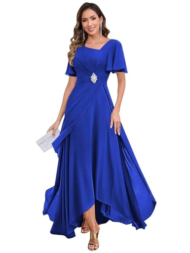BONOYUER Chiffon Mother of The Bride Dresses for Women with Sleeves V Neck Beaded Formal Wedding Guest Dress