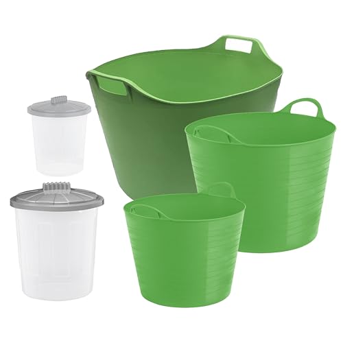 Contenedor de almacenamiento transparente de 8 L y 21 L con bañera flexible de polietileno versátil multiusos de 75 L + 42 L + 26 L (verde lima, gris fresco)
