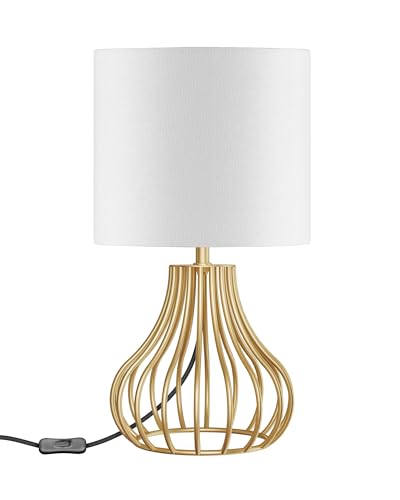 GOEBELSON Bedside Lamp, Gold Table Lamp with Metal Cage & White Linen Lampshade, Modern Bedside Lamps