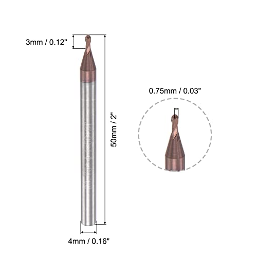 Image of uxcell Ball Nose End Mill 0.75mm Tip Radius Solid Carbide AlTiSin Coated CNC Router Bits 2 Flute Spiral Milling Cutter HRC55 with 4mm Shank 50mm (2-inch) Length