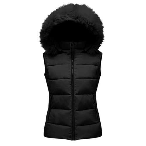 Puffer Vest Women Slim Hooded Faux Fur Collar Sleeveless Quilted Outerwear - image 4