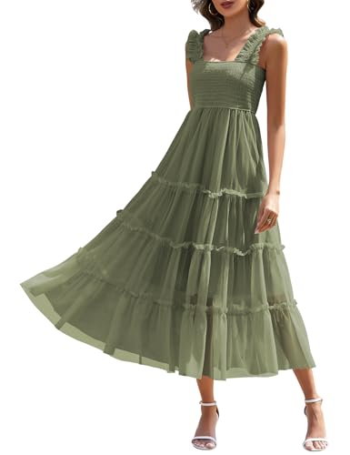 Image of HEEKPEK Womens Summer Midi Dresses 2025 Flowy Tulle Sleeveless Smocked Square Neck Ruffle Tiered Sundress Wedding Guest Party