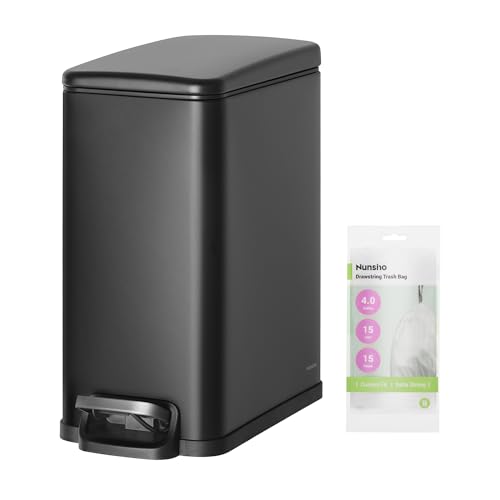 Image of Nunsino Small Bathroom Trash Can with 15 Garbage Bags,2.6 Gallon Stainless Steel Garbage Can with Lid Soft Close,Small Trash Bin for Bathroom,Kitchen,Home Office,Black